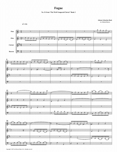 Fugue 21 from Well-Tempered Clavier, Book 2 (Woodwind Quartet) (arr. Richard Byrnes)