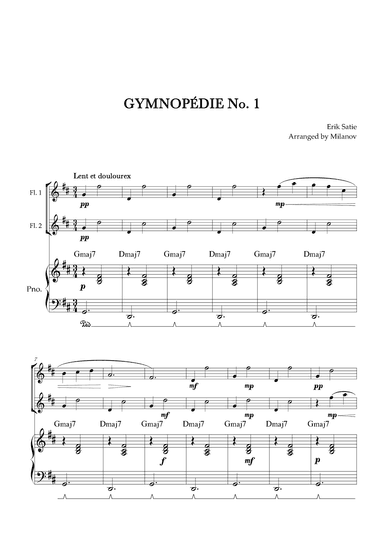 Gymnopédie no 1 | Flute Duet | Original Key | Chords | Piano accompaniment |Easy intermediate (arr. Milanov)