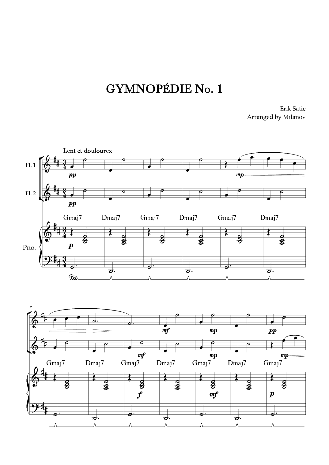 Gymnopédie no 1 | Flute Duet | Original Key | Chords | Piano accompaniment |Easy intermediate (arr. Milanov)