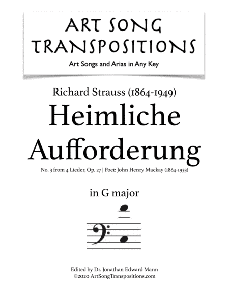 STRAUSS: Heimliche Aufforderung, Op. 27 no. 3 (transposed to G major, bass clef) (arr. ArtSongTranspositions.com)