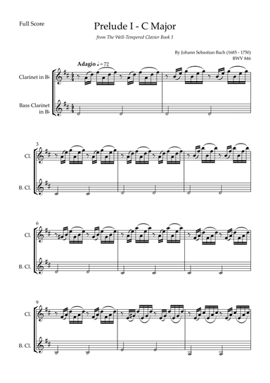 Prelude 1 in C Major BWV 846 (from Well-Tempered Clavier Book 1) for Clarinet in Bb & Bass Clarinet (arr. Fabio Britto)