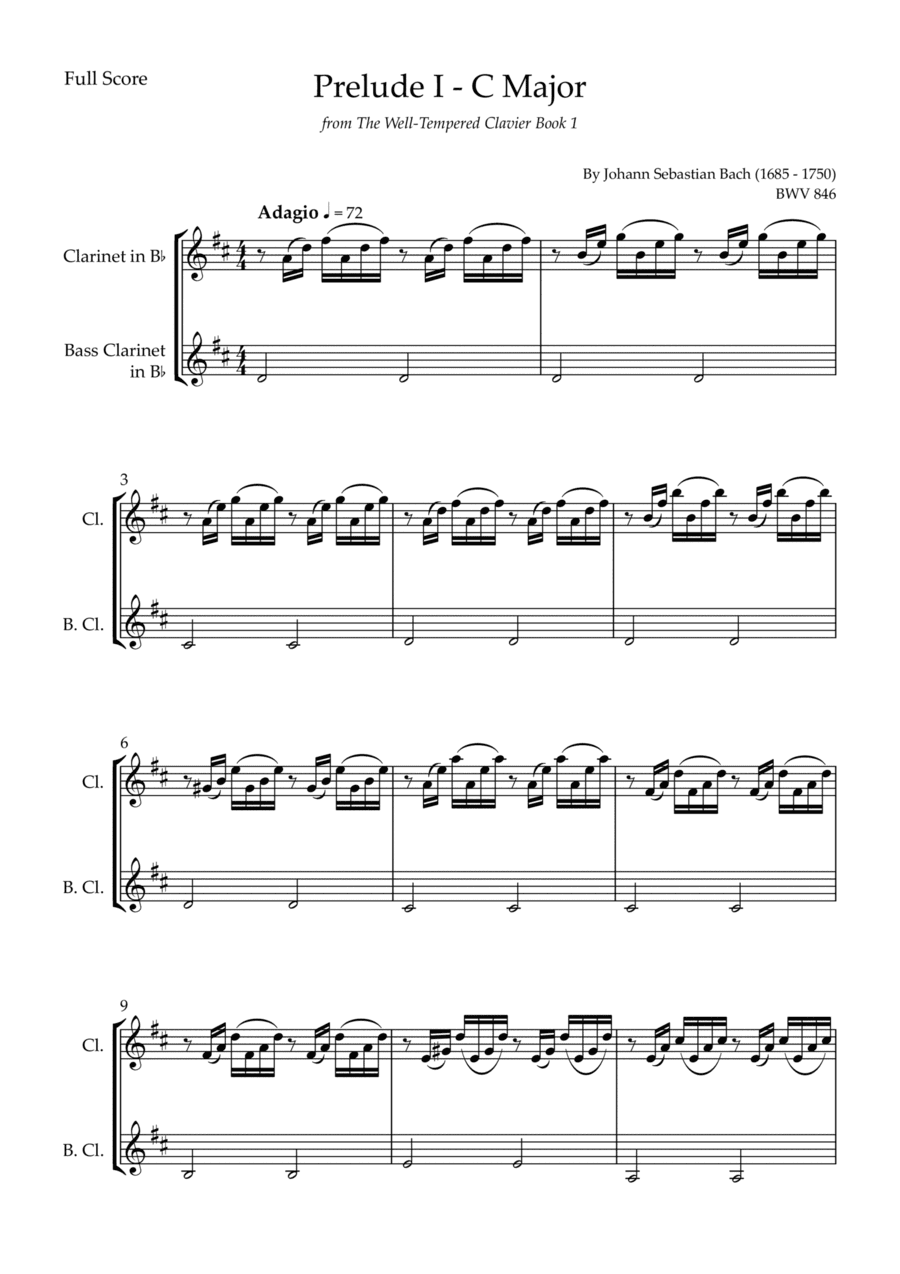Prelude 1 in C Major BWV 846 (from Well-Tempered Clavier Book 1) for Clarinet in Bb & Bass Clarinet (arr. Fabio Britto)