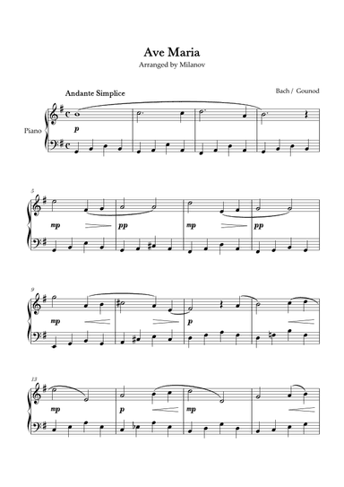 Ave Maria Bach Gounod in G Easy Intermediate Piano (arr. Milanov)