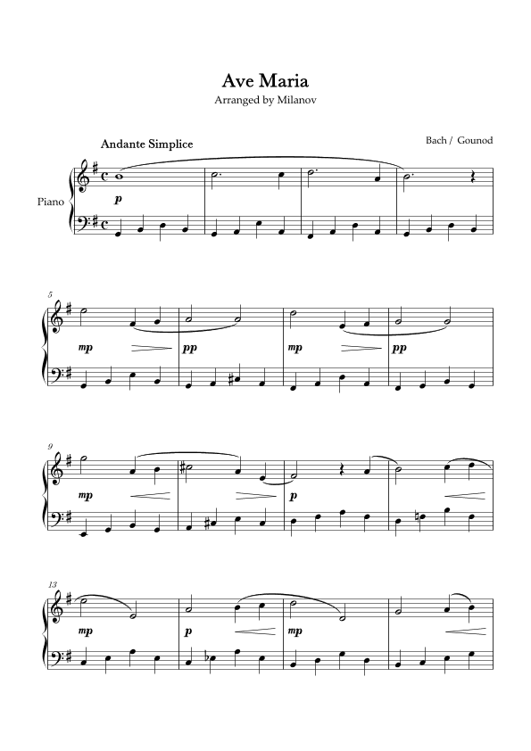 Ave Maria Bach Gounod in G Easy Intermediate Piano (arr. Milanov)