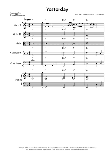 Yesterday (String Quintet with Piano Chords) (arr. Daniel Nakamura)
