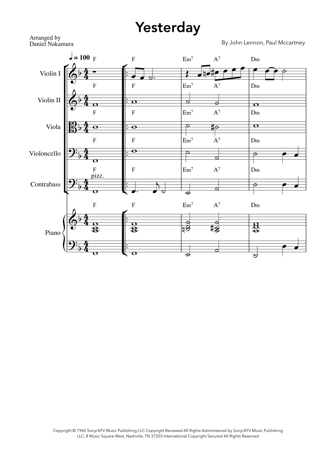 Yesterday (String Quintet with Piano Chords) (arr. Daniel Nakamura)