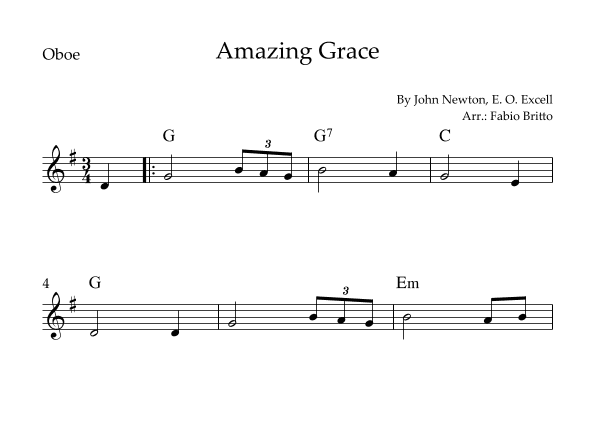 Amazing Grace for Oboe Solo with Chords (arr. Fabio Britto)
