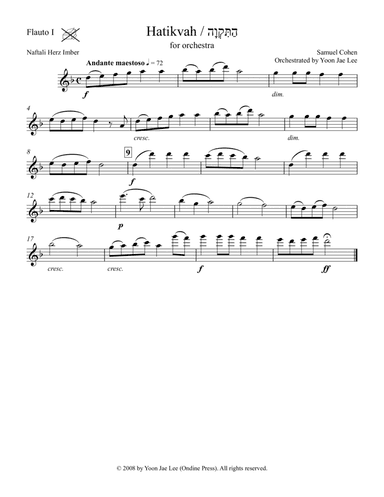 Hatikvah (Israeli National Anthem) for Orchestra (arr. Lee), Set of Parts (arr. Yoon Jae Lee)