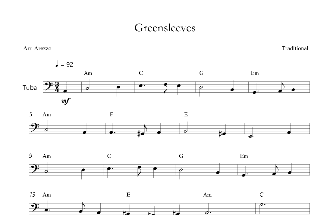 Greensleeves - Lead Sheet for Tuba Melody and Chords (arr. Arezzo Music)