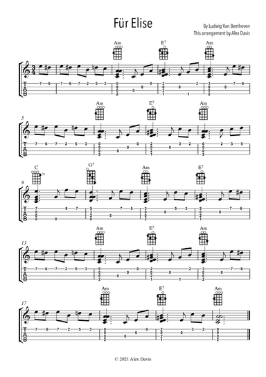 Fur Elise - Beethoven - Ukulele solo TAB Tablature with chord boxes (arr. Alex Davis)