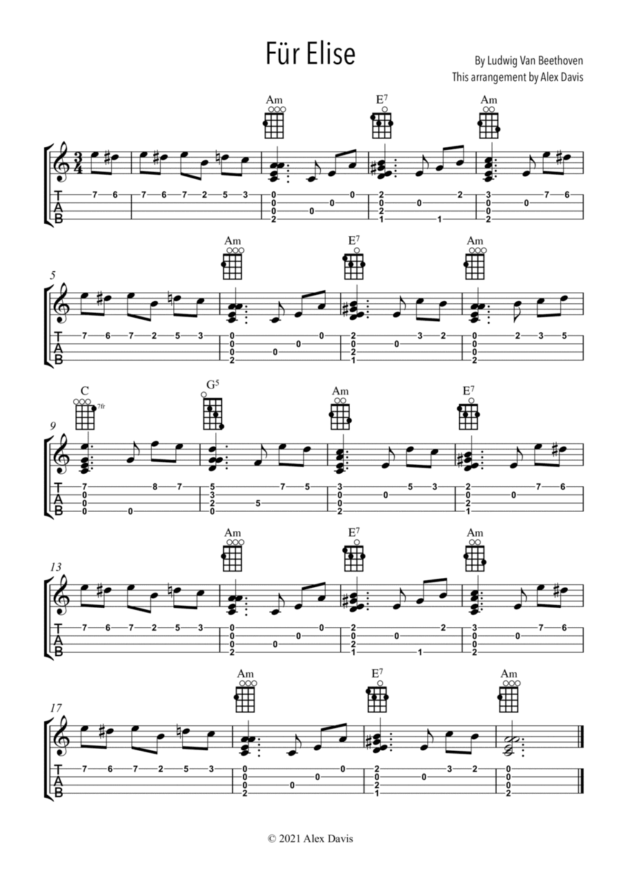 Fur Elise - Beethoven - Ukulele solo TAB Tablature with chord boxes (arr. Alex Davis)
