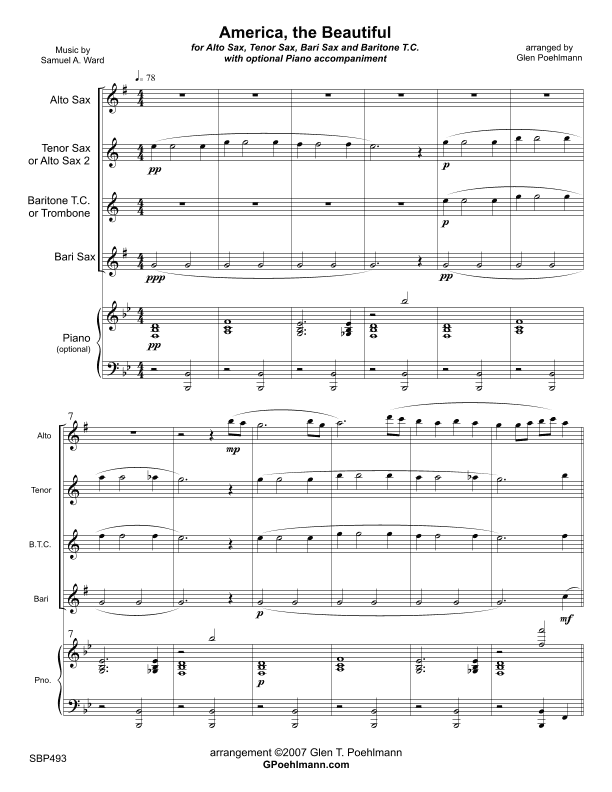 AMERICA THE BEAUTIFUL - AAB or ATB Saxes and Trombone (or Baritone TC) with optional Piano (arr. Glen Poehlmann)
