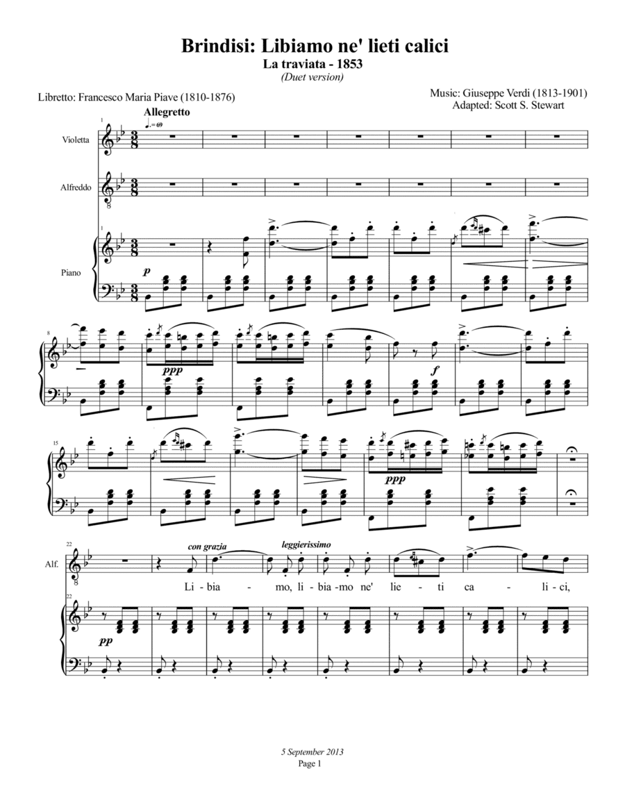 Libiamo ne' lieti calici, Brindisi, soprano/tenor duet - La traviata (arr. Scott S. Stewart)