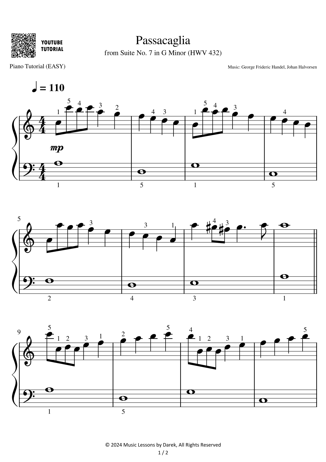 Passacaglia (EASY PIANO) from Suite No. 7 in G Minor (HWV 432) [George Handel, Johan Halvorsen] (arr. Darek)