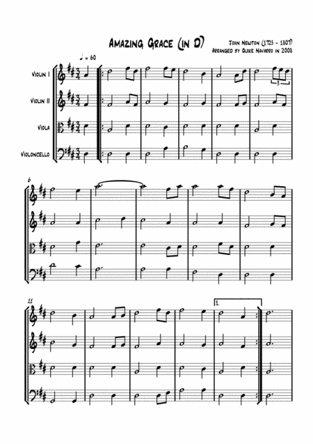 Amazing Grace (in D) String Quartet (arr. Quike Navarro)