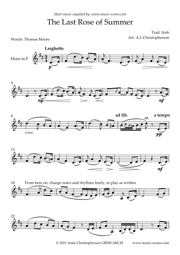 The Last Rose of Summer - Unaccompanied French Horn (arr. Anne L Christopherson GRSM ARCM)