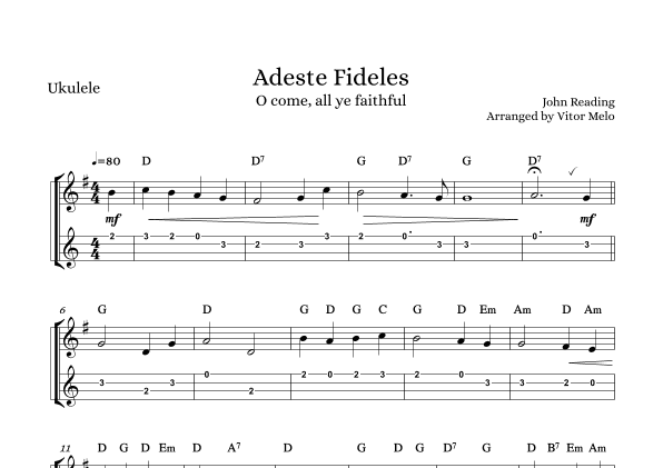 Adeste Fideles (O Come, All Ye Faithful) - ukulele tab (arr. Vitor Melo)