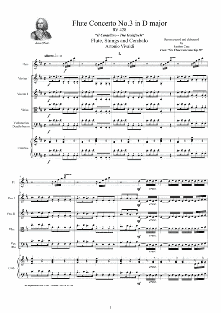 Vivaldi - Flute Concerto No.3 in D major Op.10 'Il Cardellino' RV 428 for Flute, Strings and Cembalo (arr. Santino Cara)