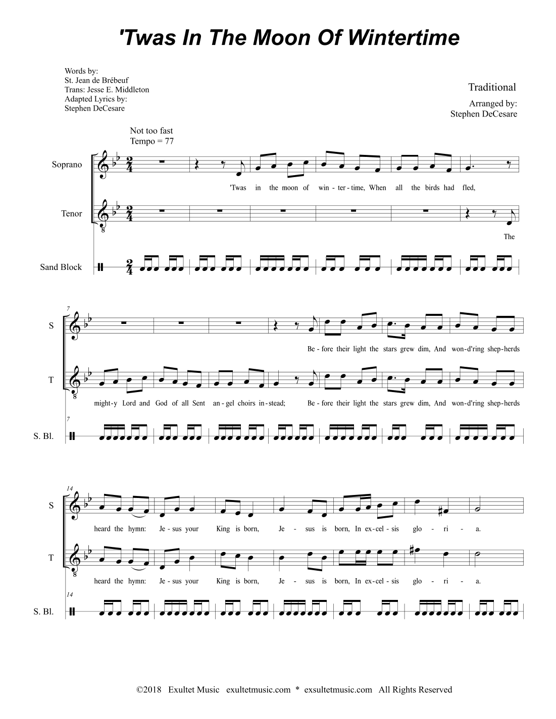 'Twas In The Moon Of Wintertime (2-part choir - (Soprano and Tenor) (arr. Stephen DeCesare)