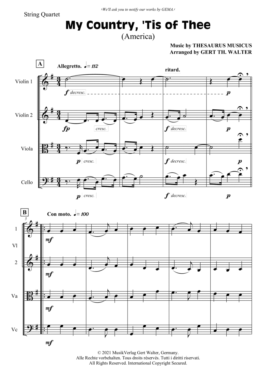 My Country, 'Tis Of Thee (America) (arr. Thesaurus Musicus (1744))