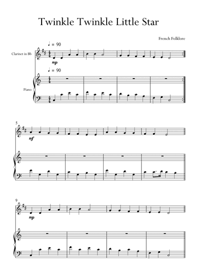 Twinkle Twinkle Little Star for Clarinet and Piano in C Major. Very Easy. (arr. Matheus Araújo)