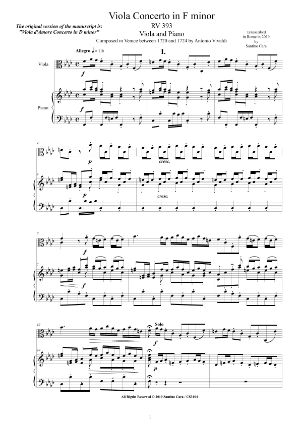 Vivaldi - Viola Concerto in F minor RV393 for Viola and Piano (arr. Santino Cara)