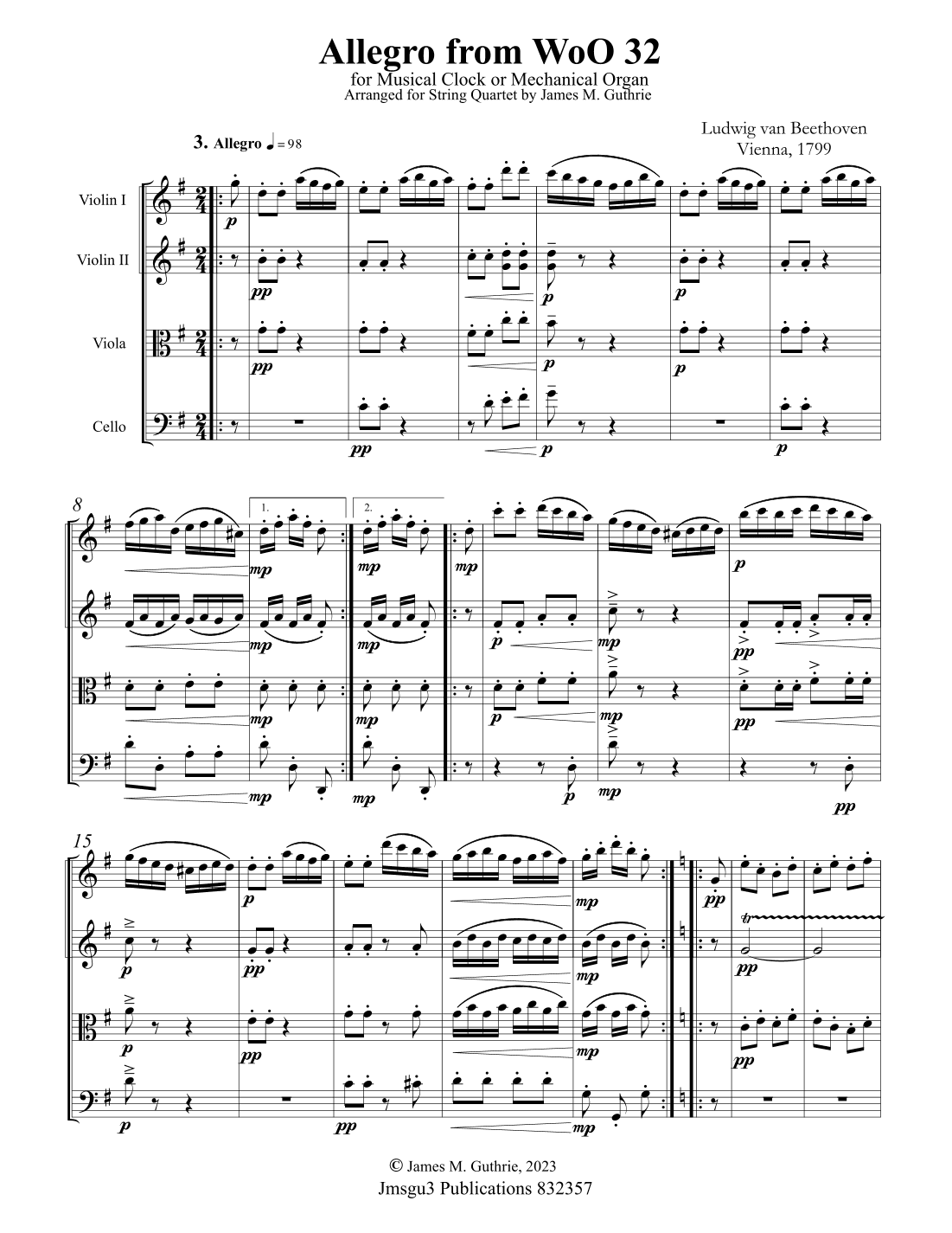 Beethoven: Allegro from Suite WoO 33 for String Quartet (arr. James M. Guthrie, ASCAP)