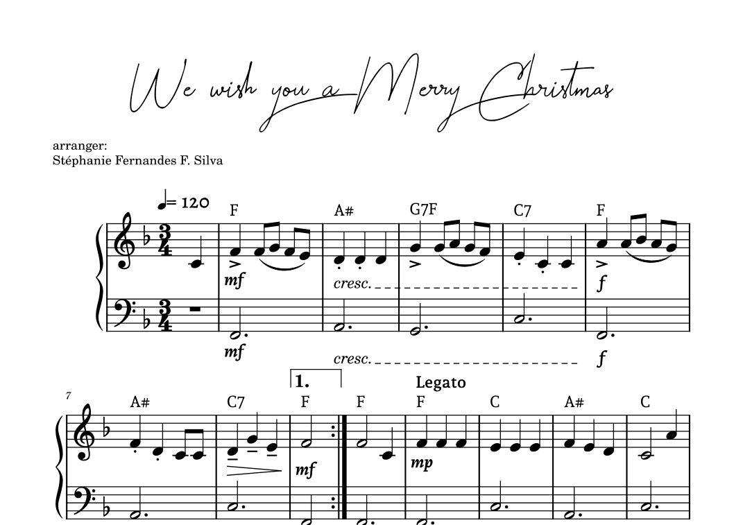 We wish you a Merry Christmas - piano solo in F major (arr. Stéphanie Fernades F. Silva)