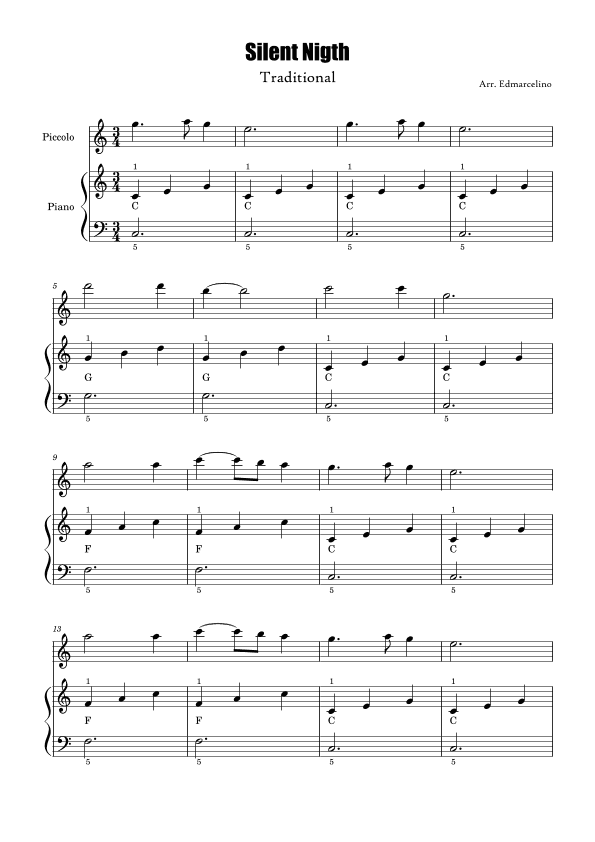 Piccolo and Piano Ver 3 Sheet Music for Christmas Song "Silent Nigth" to Intermediate with Chords (arr. Edmarcelino)