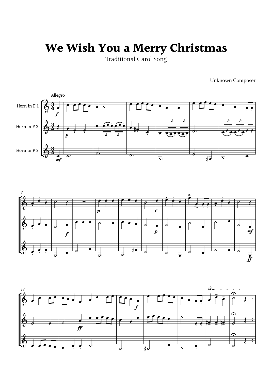 We Wish you a Merry Christmas for French Horn Trio (arr. Rika K.)