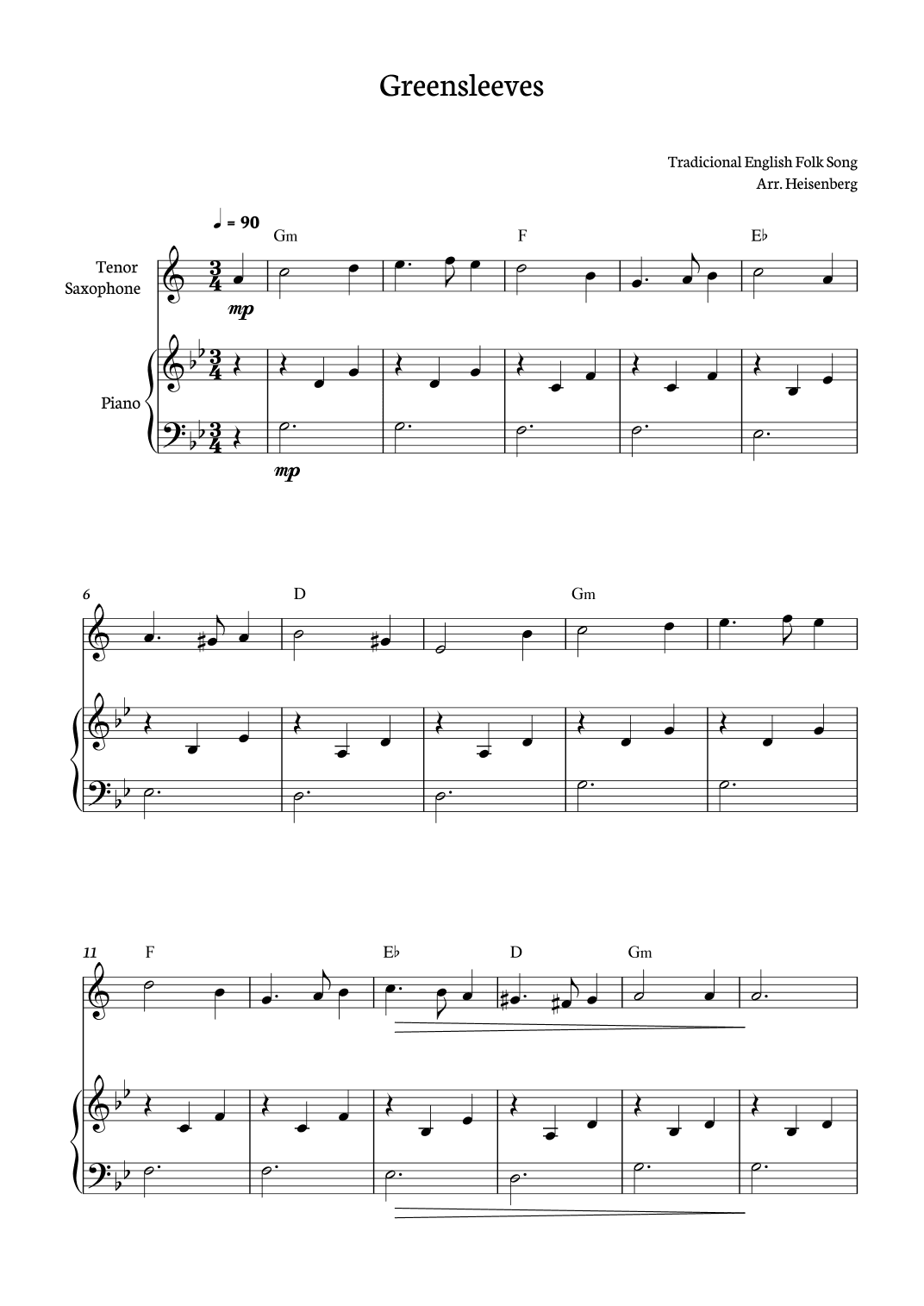 Greensleeves for Tenor sax with piano accompaniment (arr. Heisenberg)