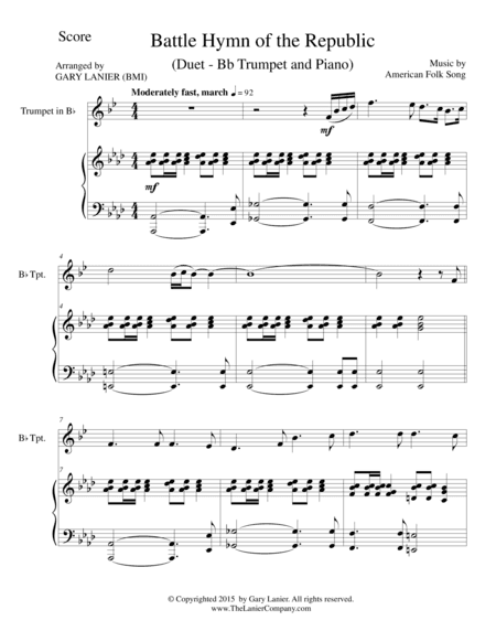 BATTLE HYMN OF THE REPUBLIC (Duet – Bb Trumpet and Piano/Score and Parts) (arr. Gary Lanier)