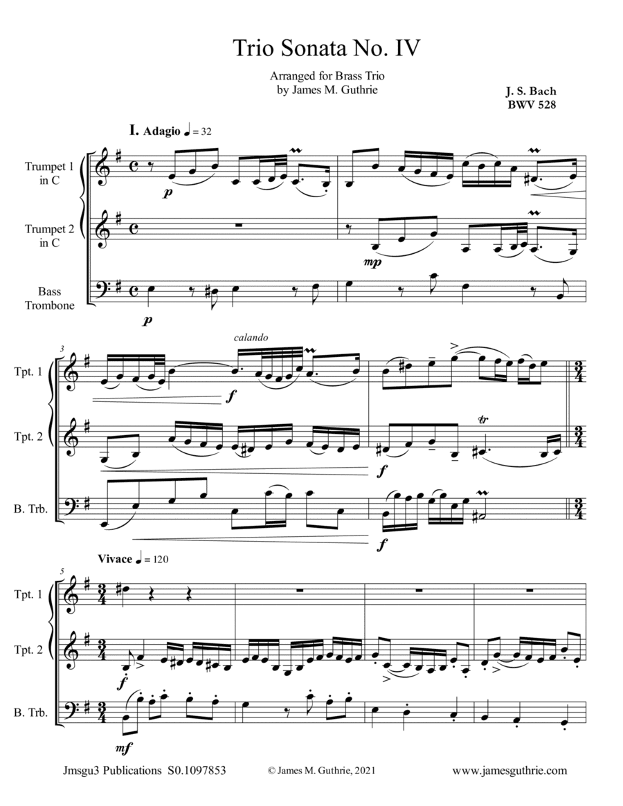 BACH: Trio Sonata No. 4 BWV 528 for Brass Trio (arr. James M. Guthrie)