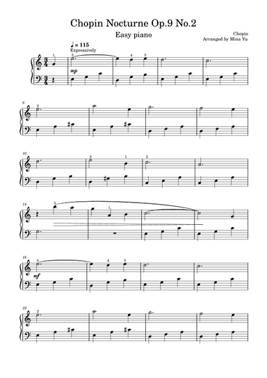 Chopin - Nocturne Op. 9 No. 2 in key of C (Easy Piano) (arr. Mina Yu)