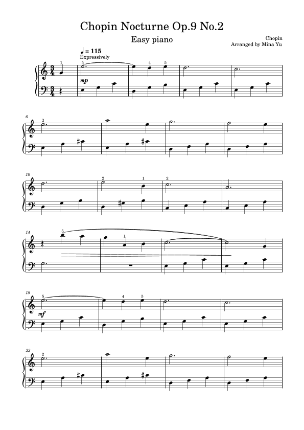 Chopin - Nocturne Op. 9 No. 2 in key of C (Easy Piano) (arr. Mina Yu)
