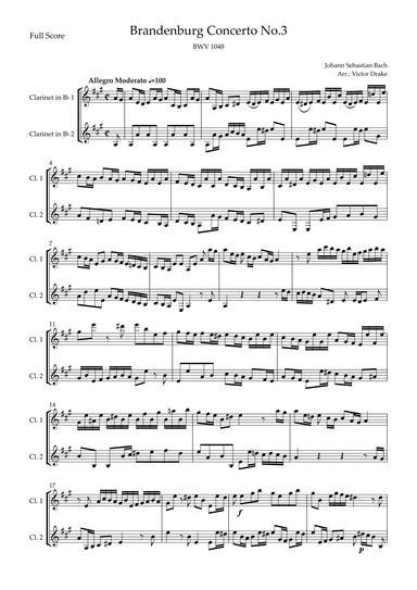 Brandenburg Concerto No. 3 in G major, BWV 1048 1st Mov. (J.S. Bach) for Clarinet in Bb (arr. Victor Drake)
