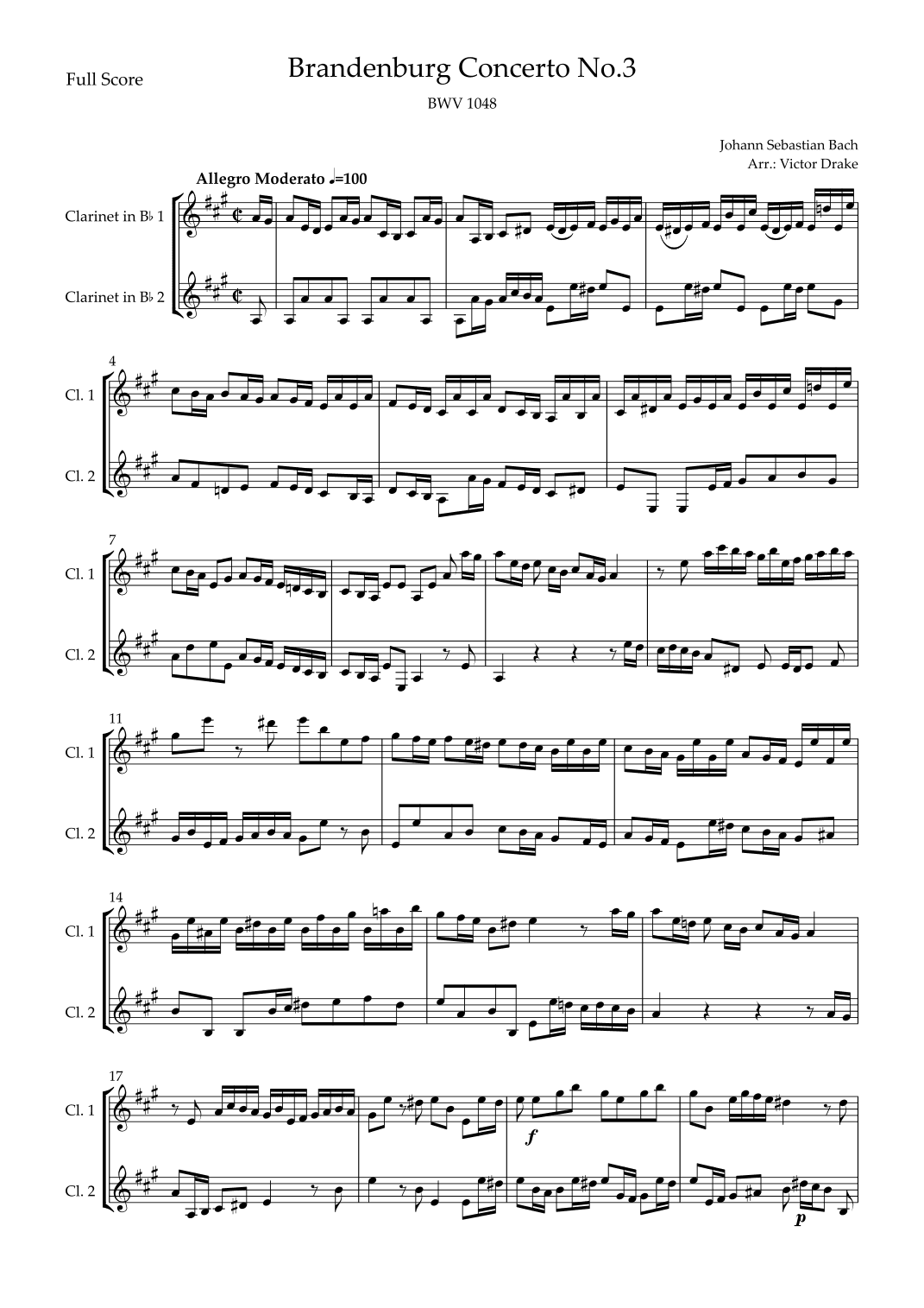 Brandenburg Concerto No. 3 in G major, BWV 1048 1st Mov. (J.S. Bach) for Clarinet in Bb (arr. Victor Drake)