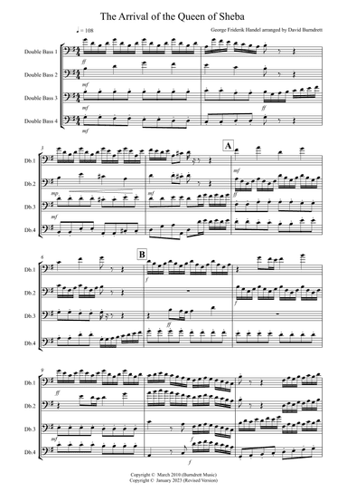 Arrival of the Queen of Sheba for Double Bass Quartet (arr. David Burndrett)