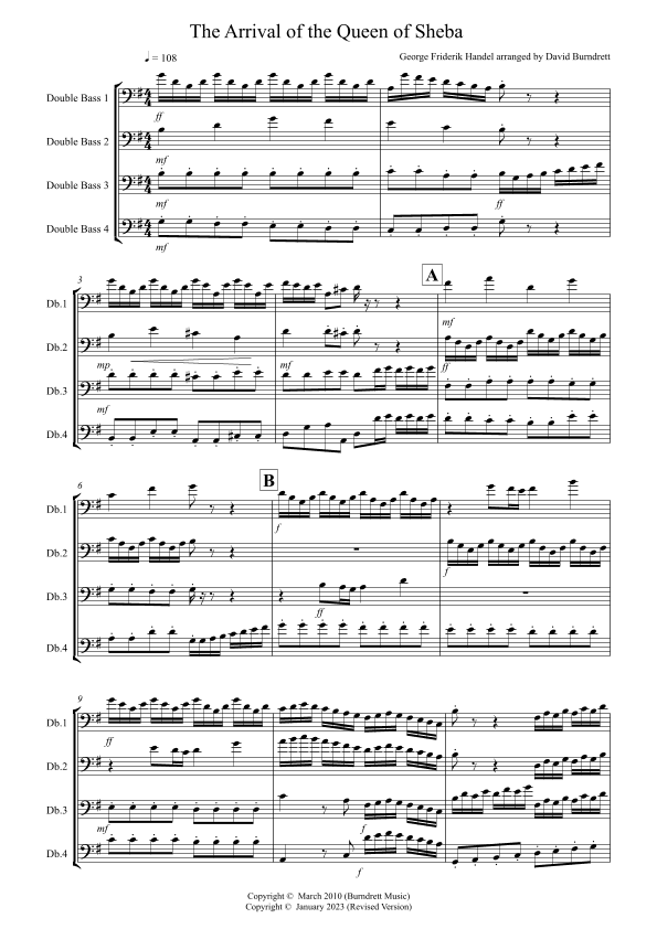 Arrival of the Queen of Sheba for Double Bass Quartet (arr. David Burndrett)