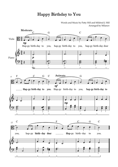 Happy Birthday to You | Viola | C Major | Piano accompaniment | Pedal | Chords | Lyrics (arr. Milanov)