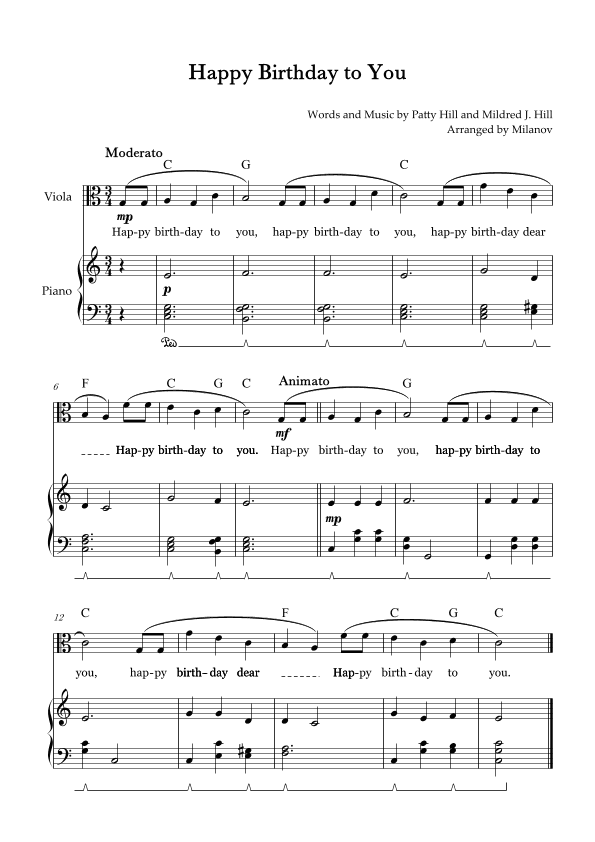 Happy Birthday to You | Viola | C Major | Piano accompaniment | Pedal | Chords | Lyrics (arr. Milanov)
