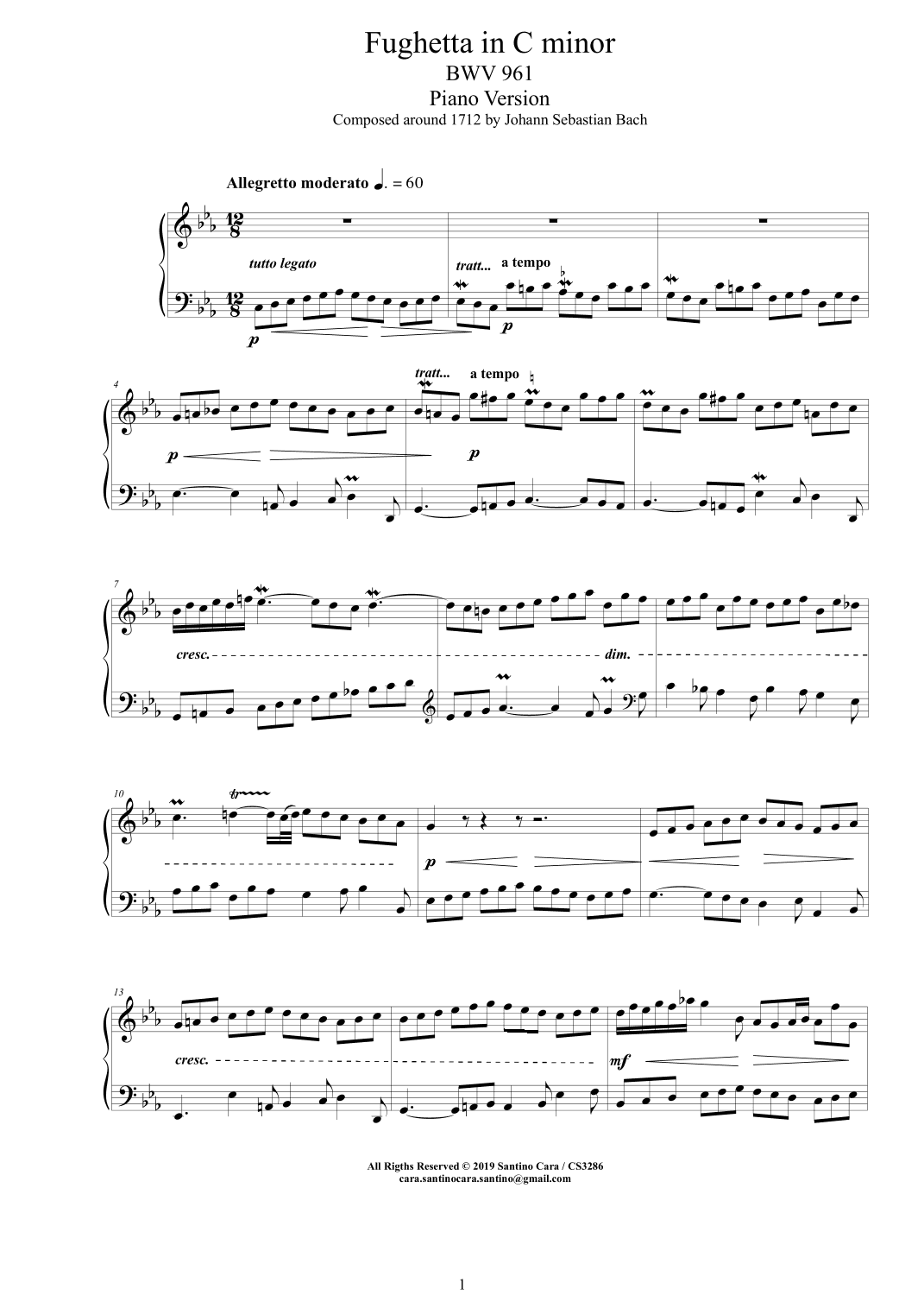 Bach - Fughetta in C minor BWV 961 - Piano version (arr. Santino Cara)