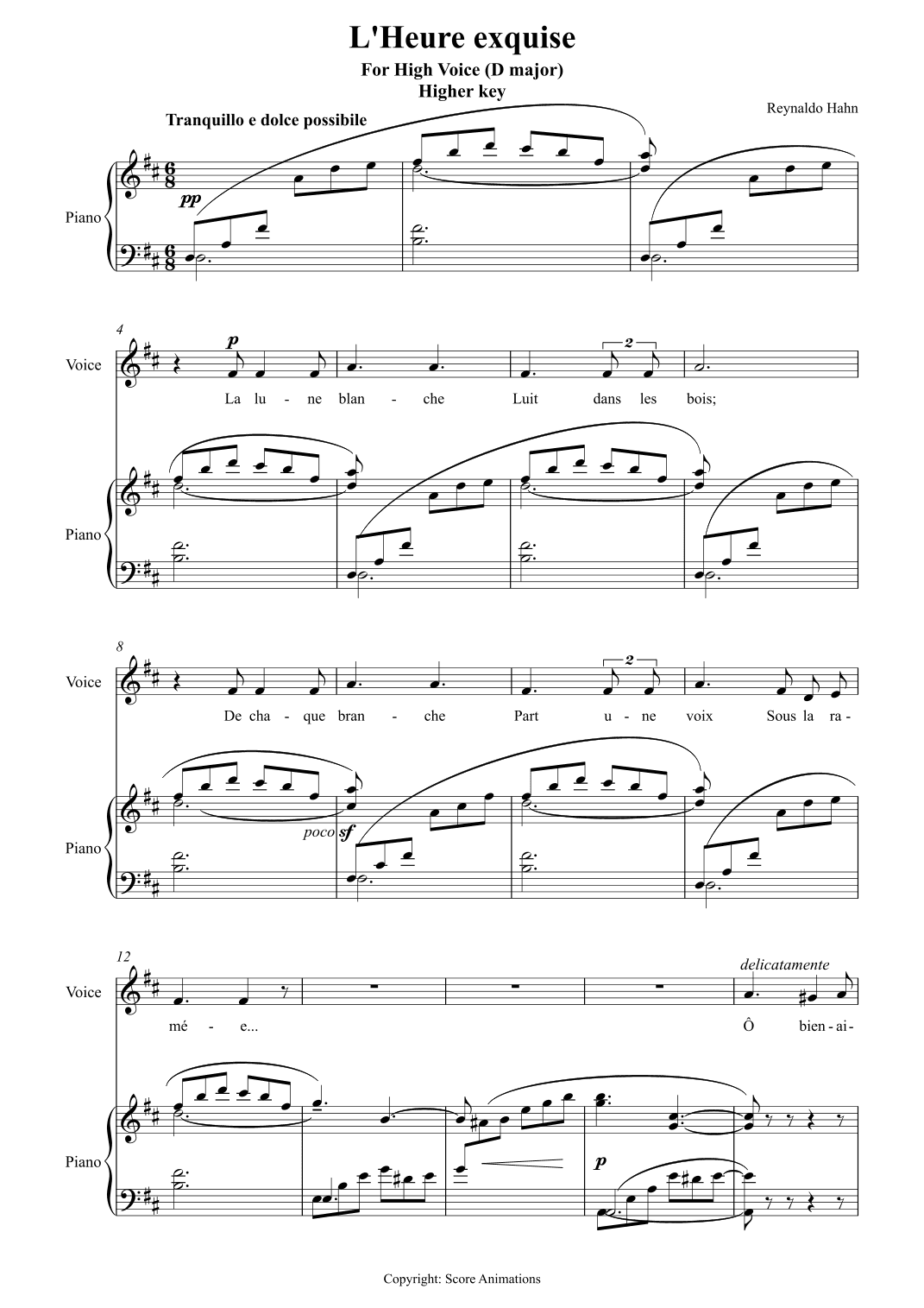"L'heure exquise" for High Voice (D major) (arr. Score Animations)
