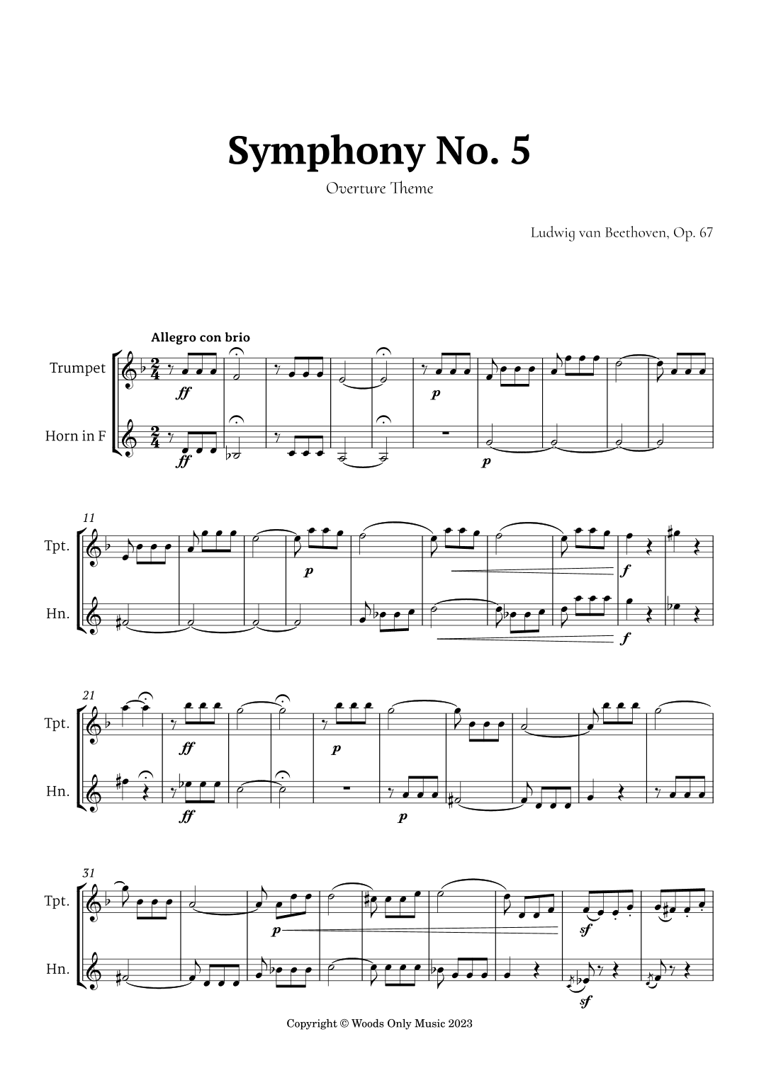 Symphony No. 5 by Beethoven for Trumpet and French Horn Duet (arr. Ander)