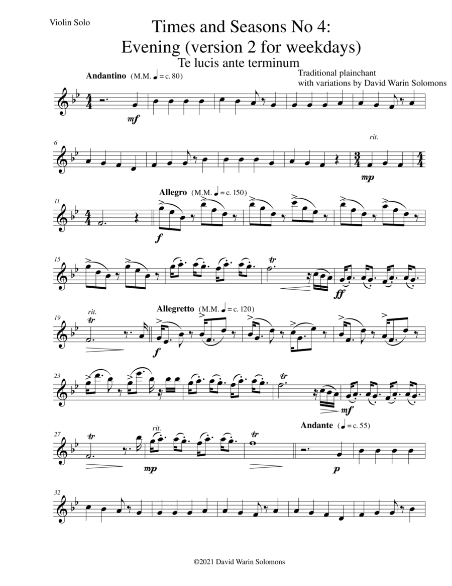 Times and Seasons for violin solo No 4: Evening (version 2 for weekdays) (arr. David Warin Solomons)