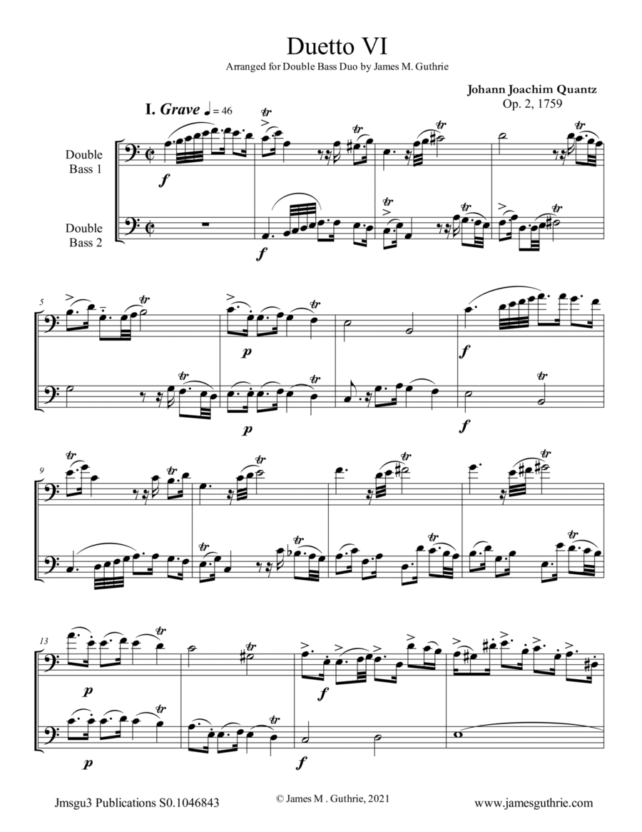 Quantz: Duetto Op. 2 No. 6 for Double Bass Duo (arr. James M. Guthrie)