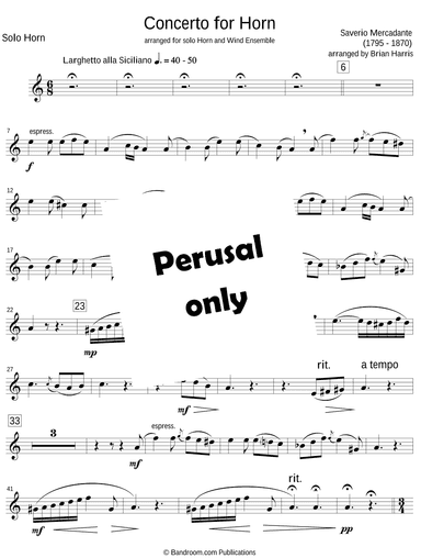 CONCERTO FOR HORN - S. R. Mercadante - solo Horn part only (full band accomp. available separately) (arr. Brian Harris)