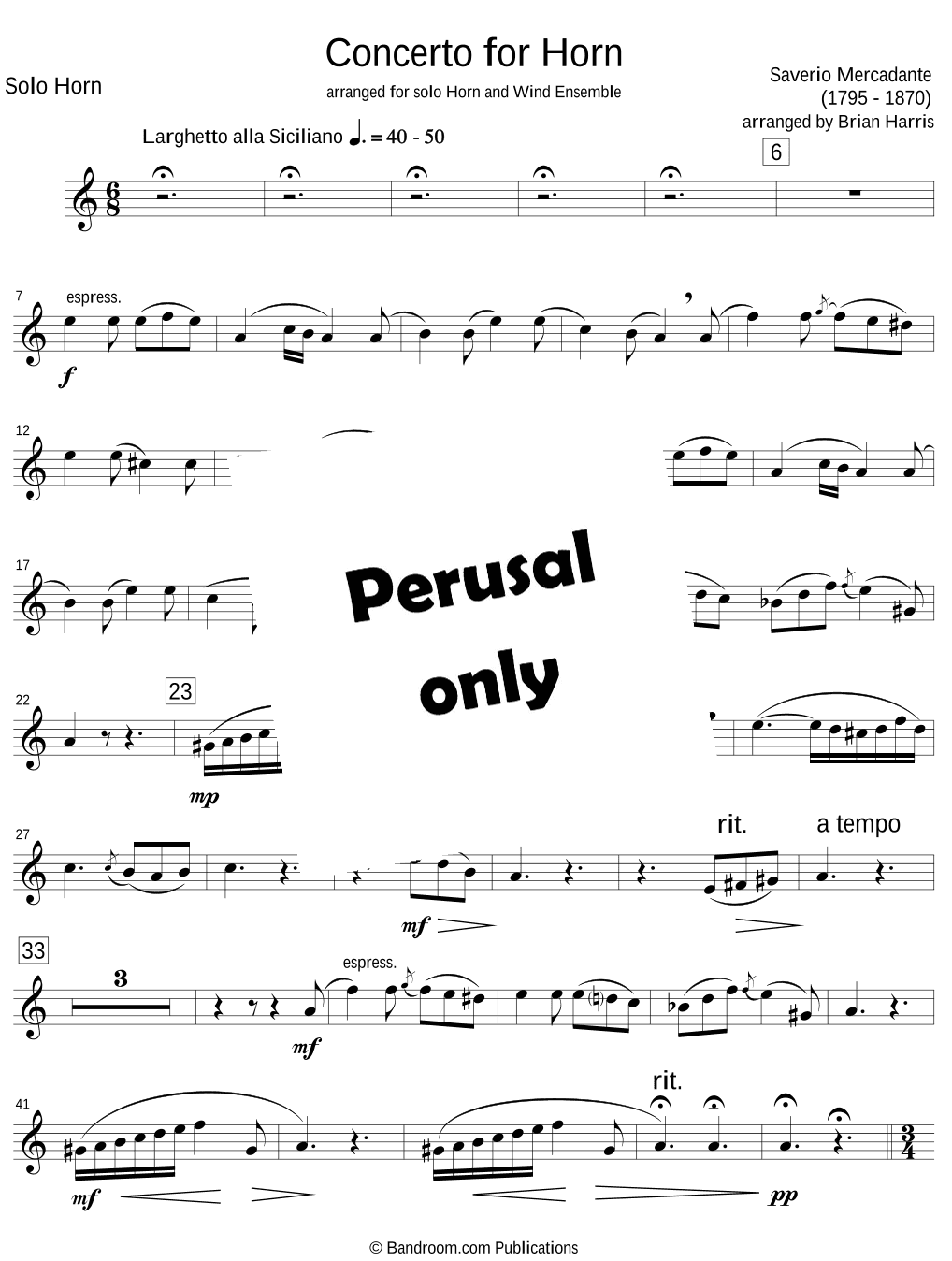 CONCERTO FOR HORN - S. R. Mercadante - solo Horn part only (full band accomp. available separately) (arr. Brian Harris)