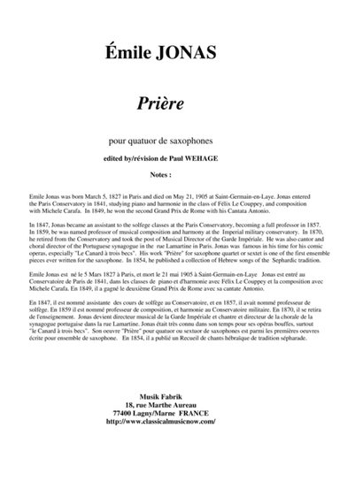 Emile Jonas: Prière for SATB saxophone quartet (arr. Musik Fabrik Music Publishing)