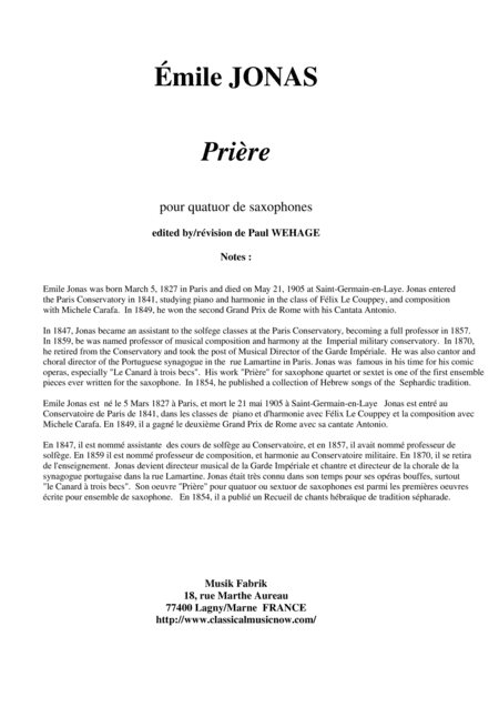 Emile Jonas: Prière for SATB saxophone quartet (arr. Musik Fabrik Music Publishing)
